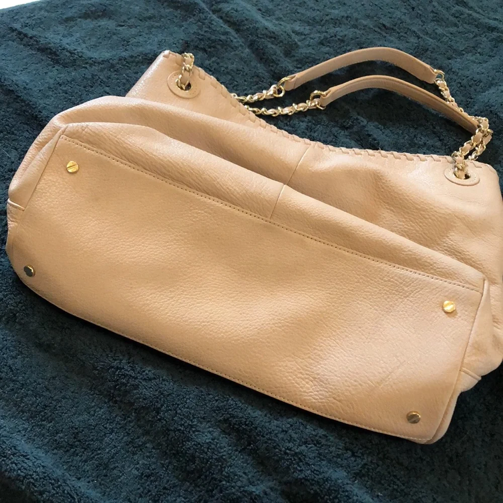 Tory Burch stamped logo, pebbled leather creamy pink braided top & chain handbag